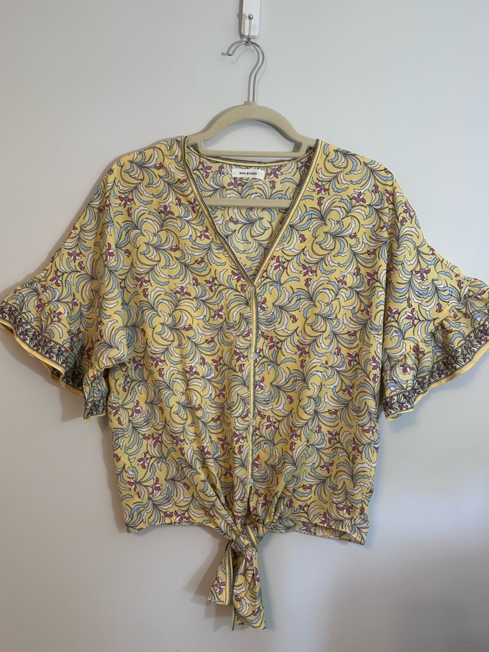 Max Studio Womens Yellow Floral V-Neck Tie-Front Blouse Size S Spring Summer